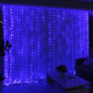 HXWEIYE 300LED Fairy Curtain Lights, 9.8x9.8Ft USB Plug-in 8 Modes Christmas String Hanging Lights with Remote for Bedroom Backdrop Wedding Indoor Wall Decor, Blue, Tangle-Free  1 Pack (Regular)