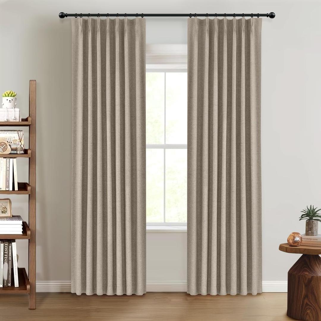100% Blackout Shield Linen Pinch Pleated Curtains Blackout, Pleated Drapes with Hooks 86 Inch Long 2 Panels Set, Linen Blackout Curtains for Bedroom & Living Room, 40" W x 86" L, Faux Linen