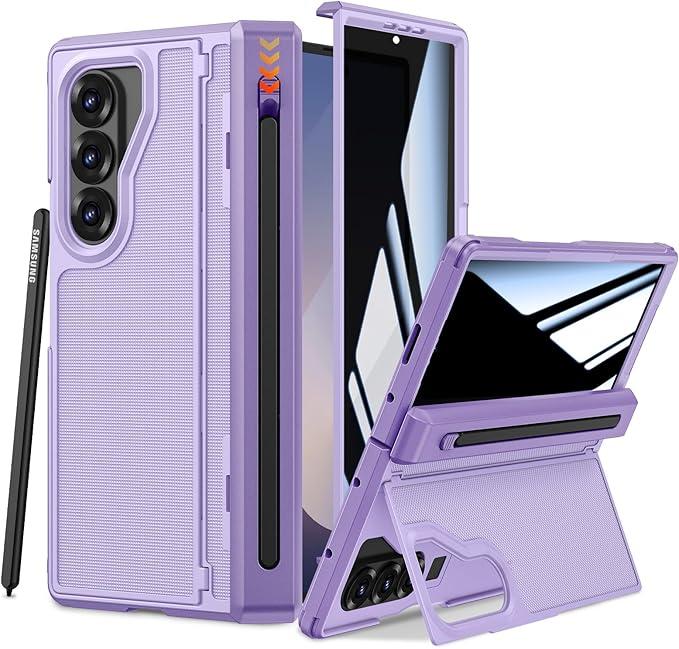 Ruky for GalaxyZFold6Case with S Pen Holder, [No Pen] with Hidden Foldable Kickstand and Builtin Privacy Screen Protector, Hinge Protection Drop Protective Phone Case for Samsung Z Fold 6, Purple