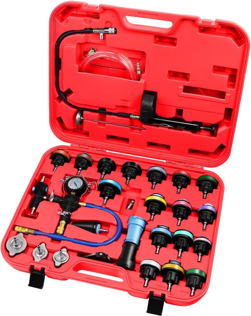 JIFETOR Cooling System Vacuum Purge Radiator Coolant Refill Tool Kit Universal Automotive Water Tank Pneumatic Vacuum Antifreeze Change Filler Set with Adapter Case Hose for Car SUV Truck