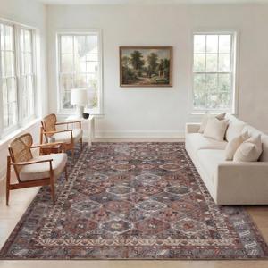 Kuden 9x12 Large Area Rug, Machine Washable Area Rug with Non-Slip Backing, Vintage Style, Soft, Easy Clean, Low Pile Rug for Living Room, Bedroom, Dining Room, 9' x 12' Rectangular