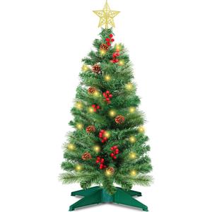 3 Ft Artificial Christmas Tree with Pine Needle Acorn Red Berries 8 Modes Timer 50 Warm White Lights Battery Operated Small Xmas Full Tree for Home Indoor Office Tabletop Holiday Decorations