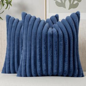 MIULEE Faux Fur Decorative Throw Pillow Covers 20x20 Inch Set of 2, Coastal Modern Art Home Decor Soft Plush Couch Pillows Cozy Fluffy Cushion Covers for Sofa Bed Navy Blue