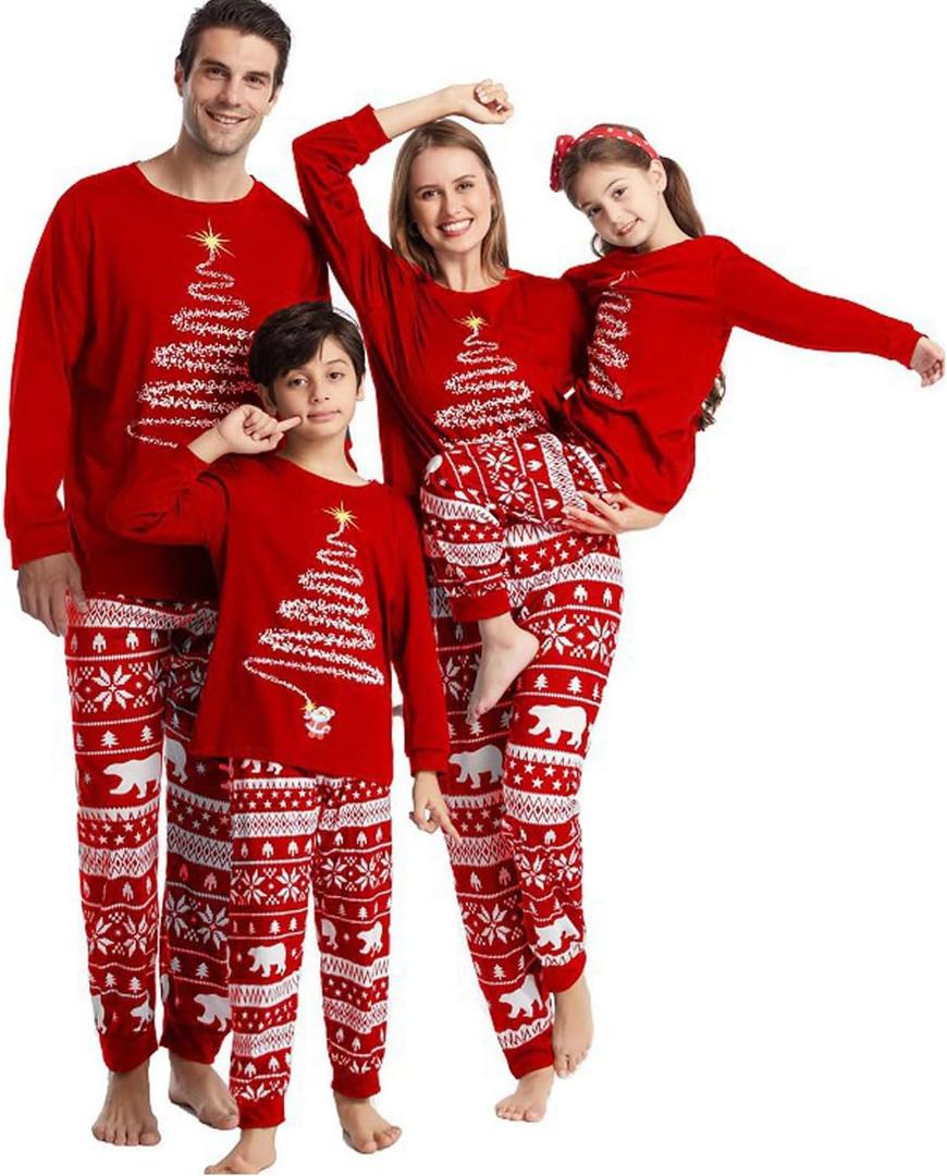 ENJOYNIGHT Matching Family Christmas Pajamas Set Soft Long Sleeve Xmas Sleepwear Print Pjs Sets (Red)