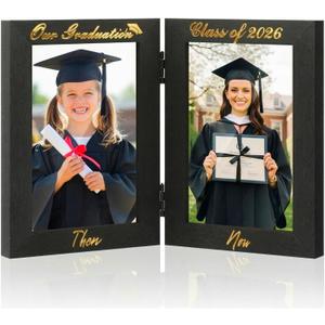 Amyhill Graduation Frame Class of 2026 Decor Then and Now Picture Frame Double 4x6 Photos Foldable Wooden Graduation Gift for College High School Graduate Party Decoration Keepsake