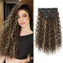 Clip in Hair Extensions, FLUFYMOOZ 4PC 100 Pure Protein Silk Hair Extensions Long Soft Natural Hairpiece 16 Inch Curly Hair Extension for Women (Medium Brown Ash Blonde Highlight)