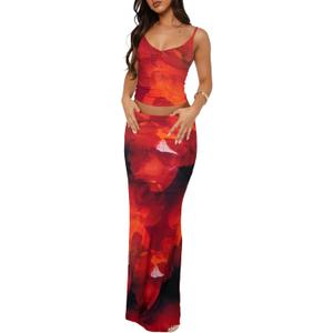 Two Piece Skirt Set for Women - Sexy 2 Pc Sleeveless Spaghetti Strap Pleated Tank Top Maxi Long Skirts Sets (Medium, Orange Floral)