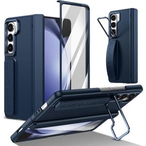 for Samsung Galaxy Z Fold 5 Hand Strap Case, Built-in Screen Protector & Hinge Protection & Camera Cover Kickstand, Military Grade Full Body Shockproof Protective, Blue