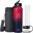 BUZIO 40oz Insulated Water Bottle, Triple Wall Vacuum Stainless Steel Water Flask with 2 lids, Leakproof BPA-Free Straw Lid Sports Canteen Jug, Cold 48H & Hot 24H- Ruby Red Navy