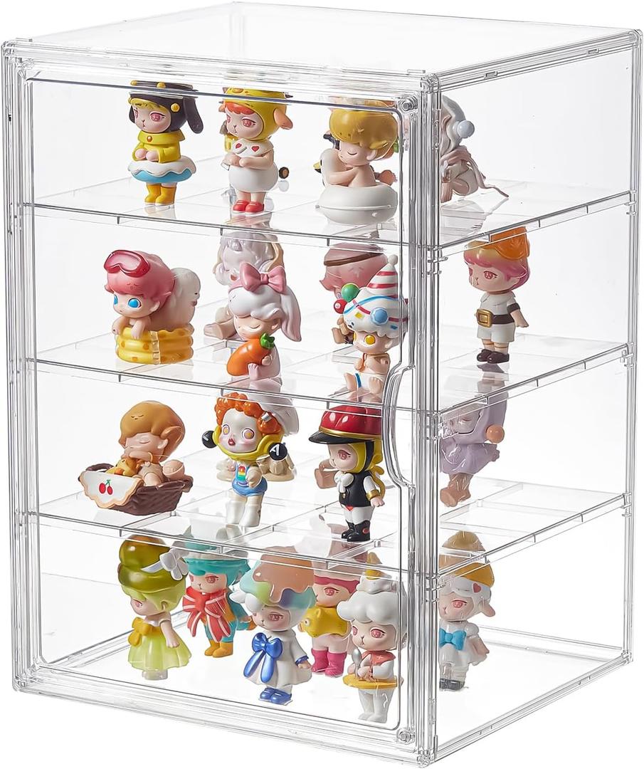 4 Tiers Clear Acrylic Display Case, Plastic Storage Bins with 3 Adjustable Divider and Magnetic Door,Stackable Display Box for Figures Showcase (XXL-4 Tier-1 Pack)