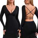 GLNEGE Long Sleeve V-Neck Bodycon Mini Dresses Sexy Backless Cocktail Party Club Night Out Dress for Women Black S