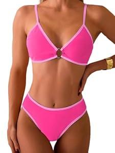 Fanuerg Women's Triangle Bikini Sets Circle Ring Linked Two Piece Swimsuit Color Block Cheeky Bathing Suit Hot Pink S