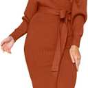 CHERFLY Women's V Neck Sweater Dresses Batwing Long Sleeve Backless Bodycon Long Dress with Belt (Medium, Burnt Brick Brown)