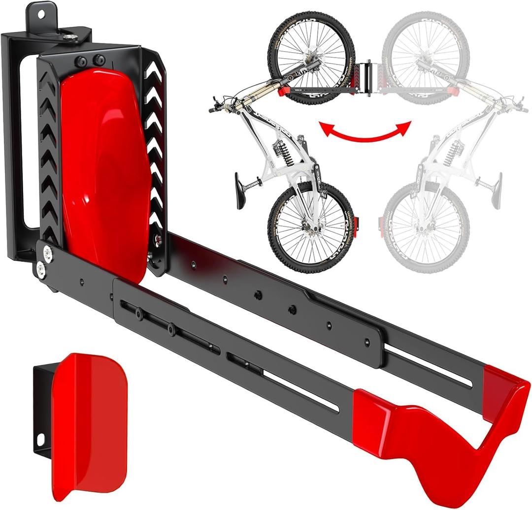 Swivel Bike Rack Wall Mount, Bike Hangers for Garage, Space-Saving Vertical Bike Holder, Holds up to 77 lbs, Bicycle Wall Hanger Storage, No Heavy Lifting Required Indoor Hanging Bike Rack-Red (1 pack)