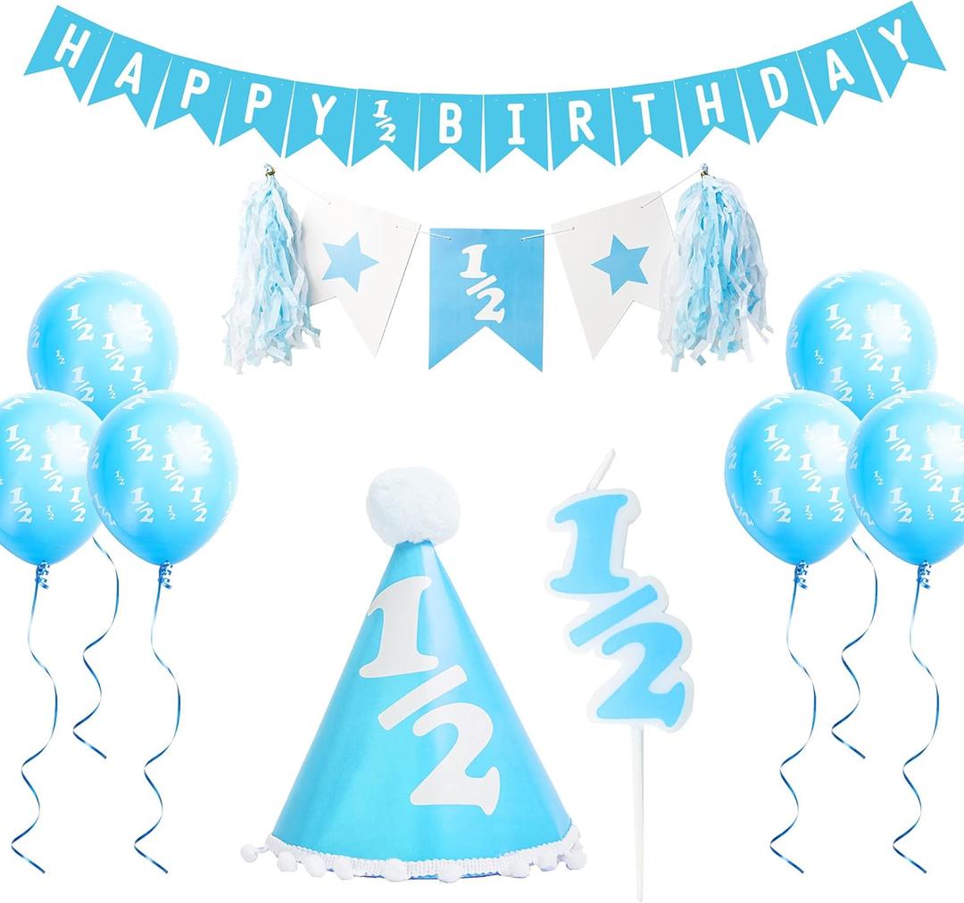 Half Birthday Party Pack Decorations: Comes in Baby Blue or Ultra Pink (1/2 Candle, 1/2 Balloons, 1/2 Hat and 1/2 Banners) (Blue)