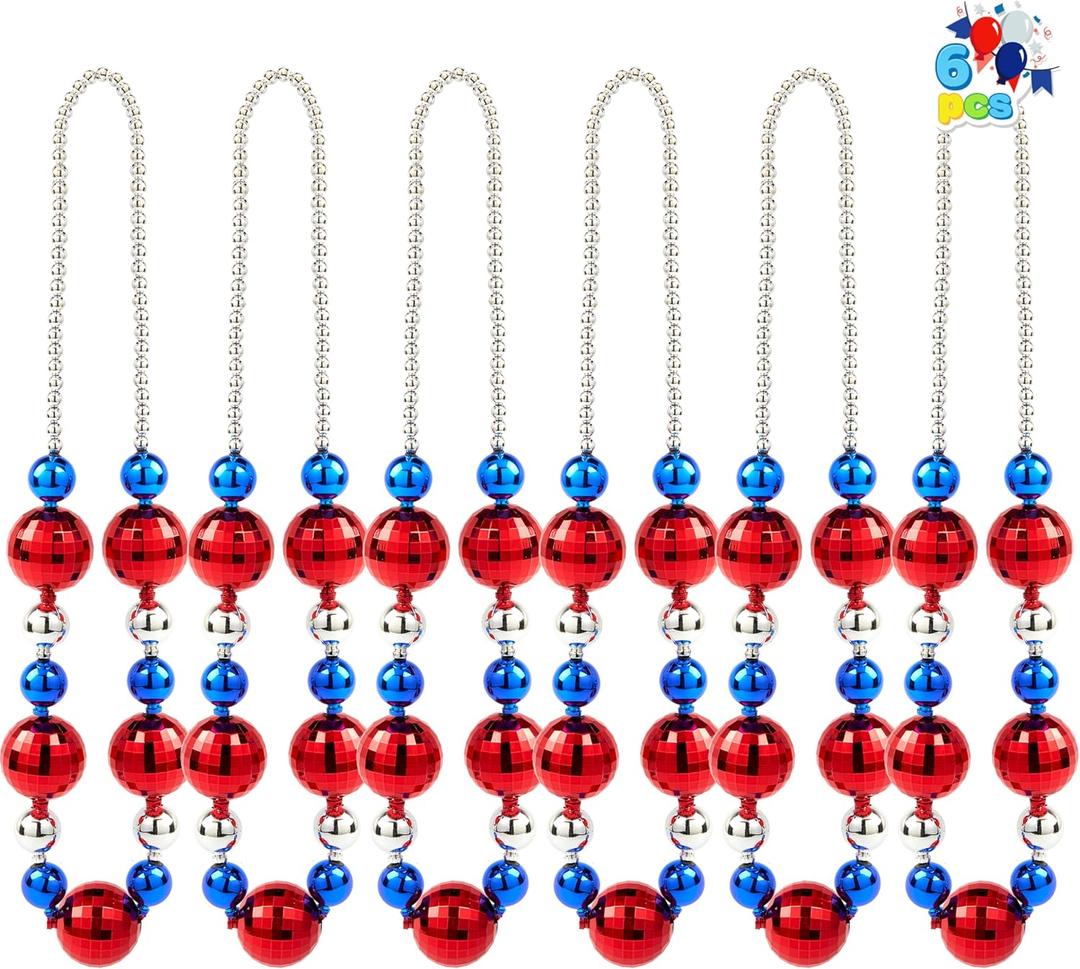 JOYIN 6 Pcs 4th of July Jumbo Bead Necklaces, 44'' Red Blue Silver Necklaces Beads for Independence Day Parade Decorations Patriotic Party Favors Supplies, Costume Outfit Accessories