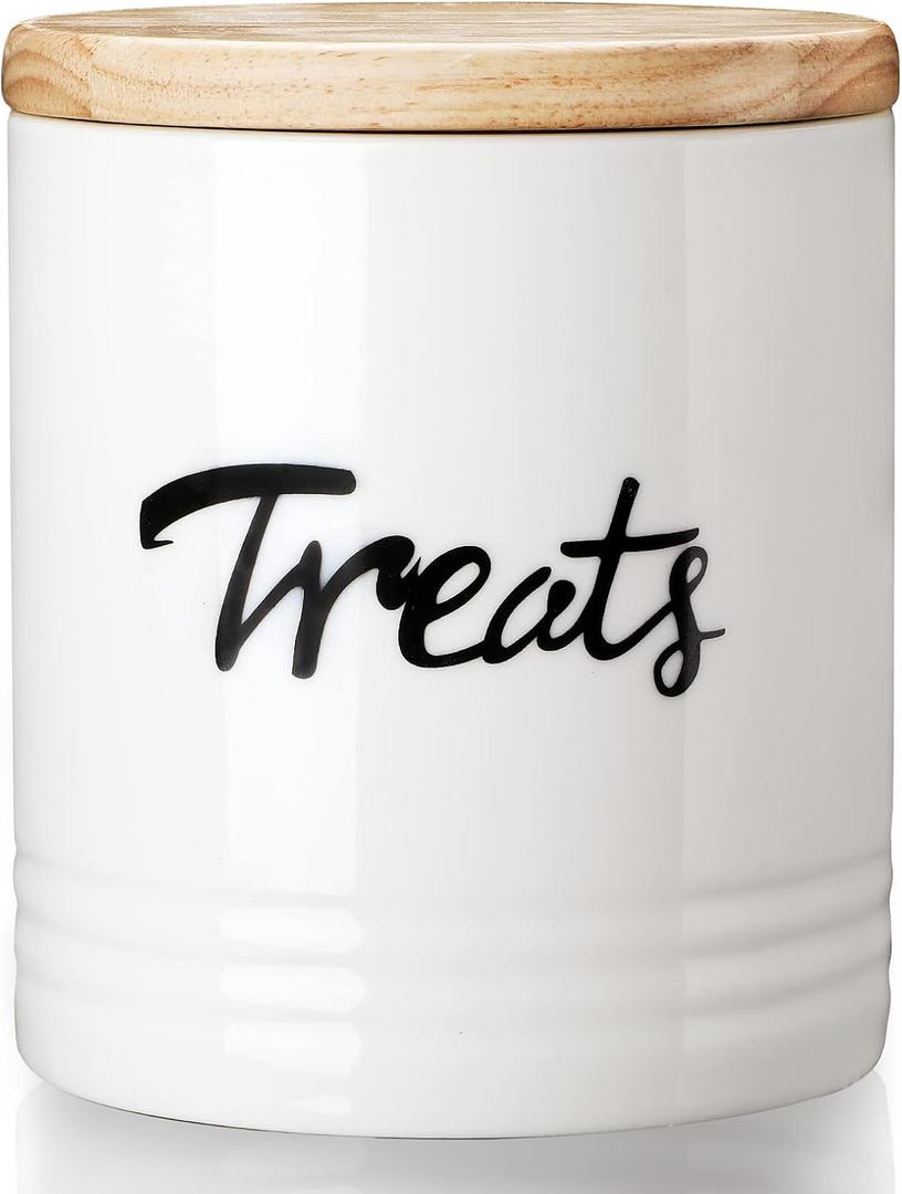 LEETOYI Cat Treat Container with Lid, Ceramic Dog Treat Jars 4.5-Inch 31oz (White)