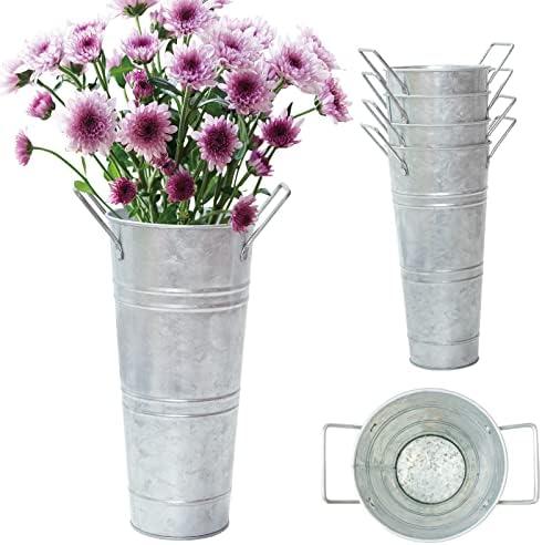 Notakia Galvanized Metal Vases Farmhouse French Flower Bucket Vases for Cut Flowers for Home Decor and Wedding Table Centerpiece Decorations (9.05in Silver 3Pcs)