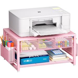Marbrasse Metal Printer Stand for Desk with Storage Drawer and 2 Pen Holders, 2-Tier Desktop Organizer Printer Table for Home Office, Multi-Purpose Desk Organizer for Fax Machine Scanner Files(Pink)