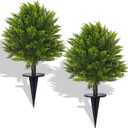 2 Pack 24Artificial Topiary Ball Tree with Spike Soft Cypress Realistic Faux Cedar Pines Spring Trees UV Rated Fake Shrubs for Spring Pot Fillers Front Door Porch Indoor Outdoor Decor