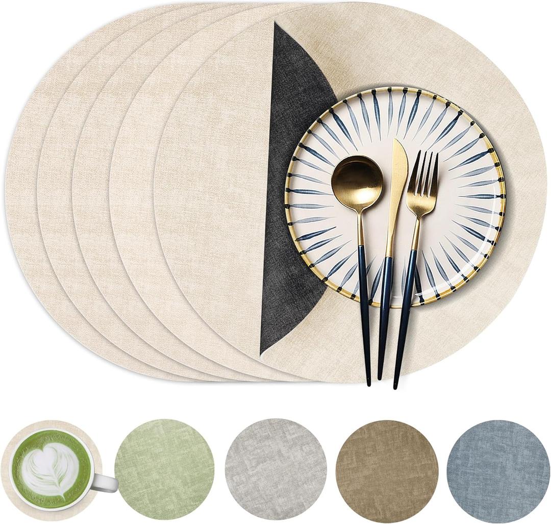 Round Faux Leather Placemats Set of 6, Waterproof Anti-Slip Dual Sided Placemats, Heat Resistant Washable Table Mats with Coaster, Suitable for Indoor & Outdoor (6, Black Beige)