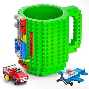 DAYMOO Build-on Brick Mug Set with 2 Random Packs of 2-in-1 Bricks, Cool Coffee Mugs for Kids, Creative Novelty Funny Coffee Mug Cup Gift for Kids Men Dad Adults Women Xmas Christmas - Green