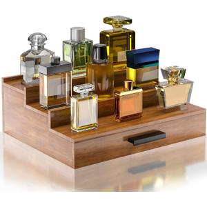 Walnut Wood Cologne Organizer for Men 3 Tier Cologne Stand,Wooden Cologne Holder Display Shelf with Hidden Compartment and Drawer,Perfume Organizer Great Gift for Men