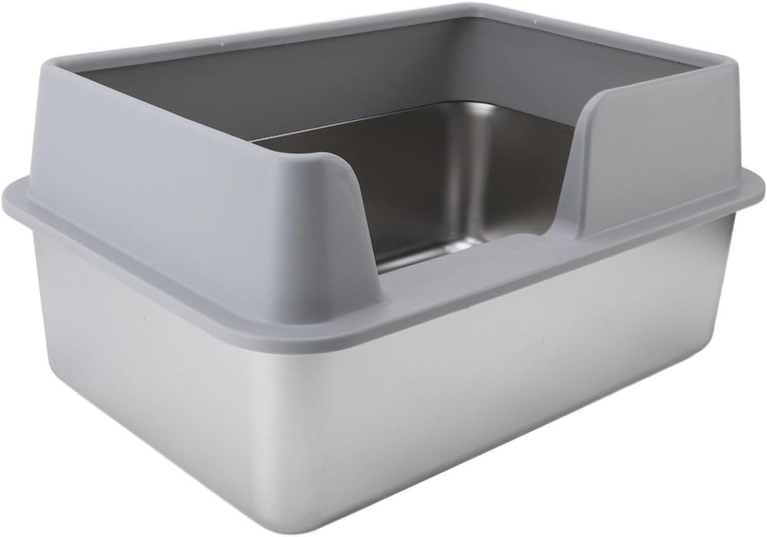 Stainless Steel Cat Litter Box, Open Top High Sided, with Detachable Lid, Scoop, Anti Splash, Easy Cleaning, for Small and Medium Sized Pets (Gray)