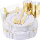 Nervure 175PCS White and Gold Plastic Plates - Disposable Dinnerware Set Include 50 Gold Plates for Dinner and Dessert, 75 Cutlery, 25Cups 25Napkins for Wedding & Party & Thanksgiving
