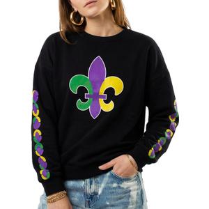 Mardi Gras Sweatshirt for Women Carnival Outfit Crewneck Pullover Party Long Sleeve Tee Daily Wear (Small)
