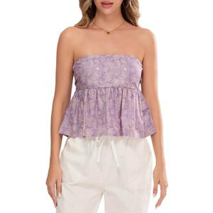 Women's Tie Back Cropped Tube Top Cute Floral Strapless Babydoll Peplum Tops Trendy Summer Casual Flowy Bandeau Outfit, XL