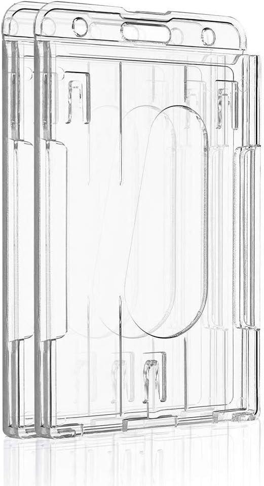 Pawfly 2 Pack Vertical 2-Card Badge Holder with Thumb Slot Hard Transparent PC Case Protector for Office School IDs Credit Cards Drivers Licenses and Passes