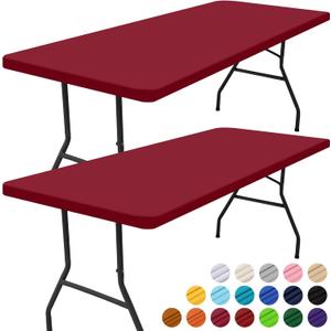 Smiry 2 Pack Rectangle Picnic Table Cloth, Waterproof Elastic Fitted Tablecloths, Washable Polyester Rectangular Patio Table Cover for Camping, Indoor and Outdoor (Red, 30"x96")
