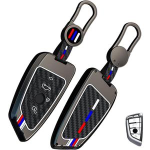 OLLEN Heavy Zinc Alloy Key Fob Cover, Fit for BMW 2 5 6 7 Series X1 X2 X3 X5 X6 GT Series, Full Protection Remote Fob Cover with Carbon Fiber Pattern, Blade Shape, Gunmetal (1 Pcs)