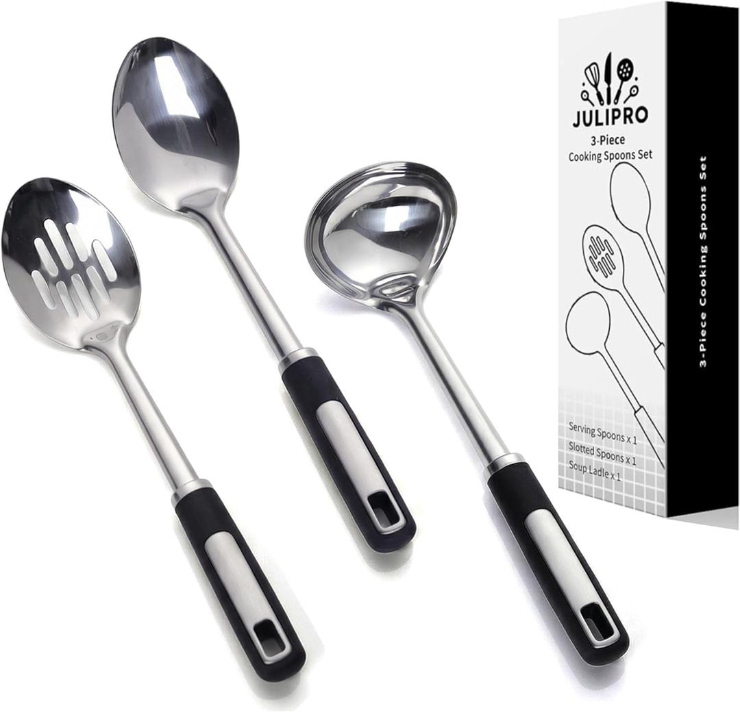 Stainless Steel Serving Spoons Set  Includes Slotted Spoon, Serving Spoon & Soup Ladle, Heat-Resistant, Dishwasher Safe, Ergonomic Handles for Home & Commercial Use