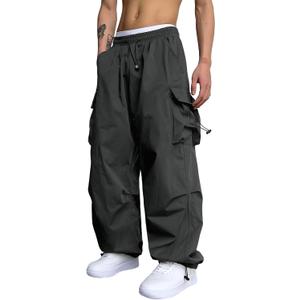 ZAFUL Flat Pocket Parachute Pants for Men Casual Baggy Cargo Pants Unisex Street Y2K Pants Drawstring Trouser (Small, 1-dark Gray)