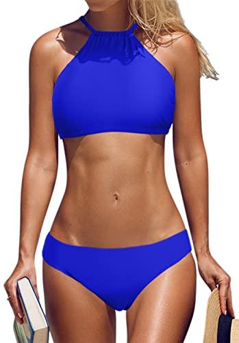 beautyin Swimsuits for Women High Neck Halter Cross Back Bikini Set Bathing Suit Royal Blue L