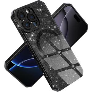 Magnetic Case for iPhone 14 Pro Max 6.7", Black Glitter Luxury Slim Shine Edge Silicone Shockproof Phone Case for Women Girls (Magsafe Compatible) (Black)