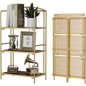 Crofy No Assembly Folding Bookshelf for Living Room, 3 Tier Gold Collapsible Book Shelf for Home Office, Portable Bookcase Storage Organizer