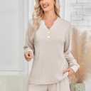 Womens Ribbed Knit 2 Piece Lounge Sets Outfits Long Sleeve Top and Shorts Pajama Sets Loungewear with Pockets