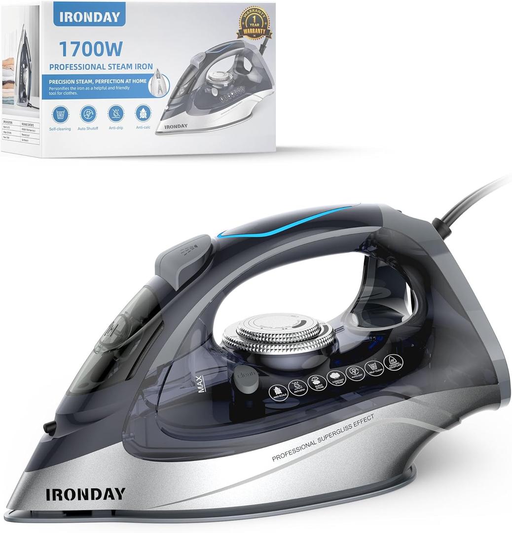 IRONDAY 1700W Steam Iron for Clothes 20s Fast Heat-up, Iron with 10.14oz Water Tank, Non-Stick Ceramic Soleplate, Auto-Off, Spray Mist & Steam Burst, Ironing Clothes for Home