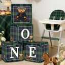 4PCS Green Plaid Teddy Bear ONE Birthday Boxes, Vintage Preppy First Birthday Party Boxes for Baby Shower, Gender Reveal Party Decoration