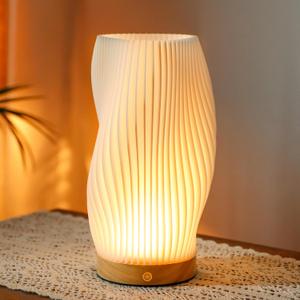 JHY DESIGN 3D Printed Touch Bedside Lamp 9" H Table Lamp 3-Color Light Source Dimmable Nightstand Lamp with Woodbase for Bedroom Living Room Indoors Outdoors(Spiral,Type-C Charging)