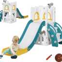 Qaba 5 in 1 Toddler Slide, Indoor Kids Slide for 1-3 Years Old, Climber Freestanding Playset with Basketball Hoop, Telescope & Storage Basket, Yellow