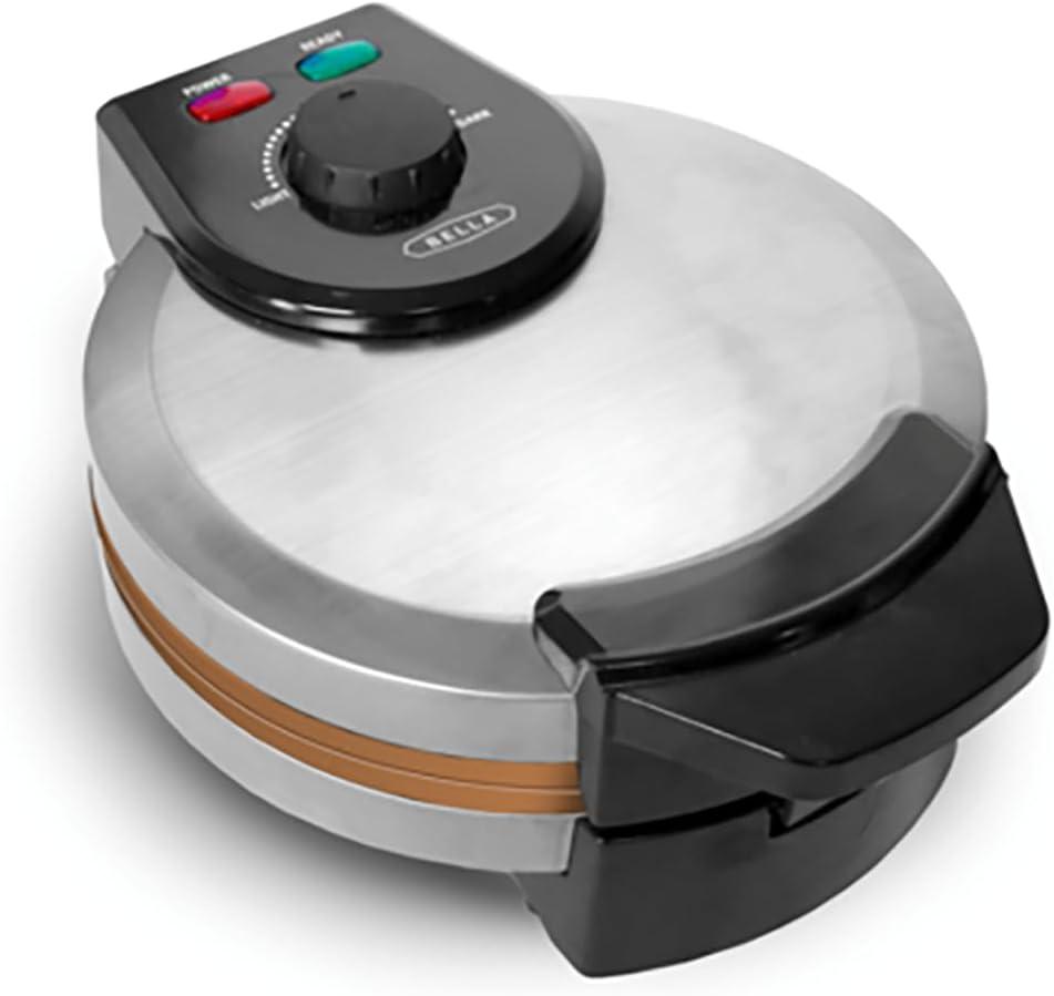 BELLA Classic Belgian Waffle Maker, 7" Round, Non Stick, Waffle Iron Makes 1 Thick Waffles, Variable browning control knob, Stay-cool handle with locking latch, Stainless Steel