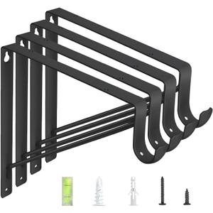 4-Pack Closet Rod Bracket, 10.8x10.8Inch Closet Shelf Brackets Heavy Duty Wall Mounted, Matte Black Steel Closet Rod Support Brackets Holder, 300 Lbs Load Capacity with Anchors Screws Black