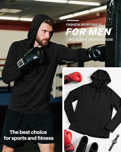 Ficerd Hoodies for Men, Lightweight Long Sleeve Workout Gym Running Fishing Pullover Hooded Sweatshirt (Black, XL)