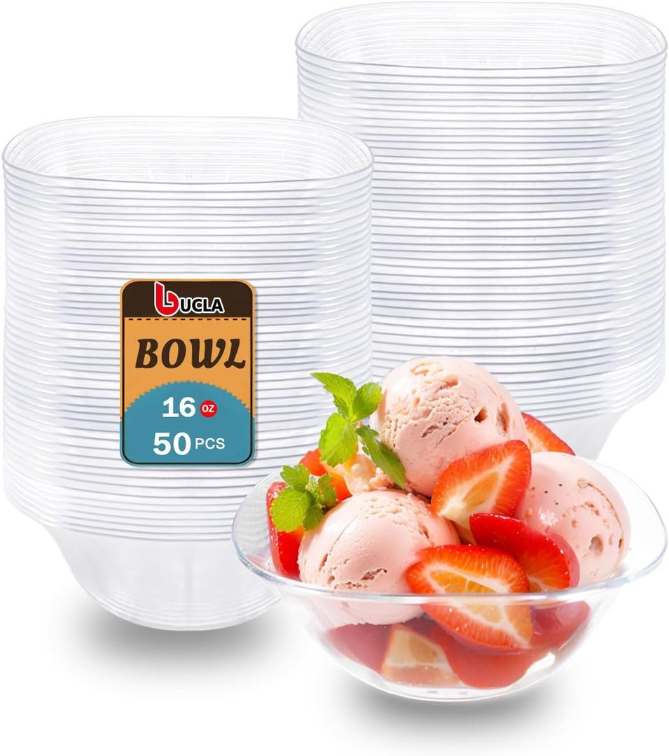 bUCLA 50Pack Clear Plastic Serving Bowls - 16oz Disposable Serving Bowls for Party Dessert/Ice Cream/Salsa/Snack