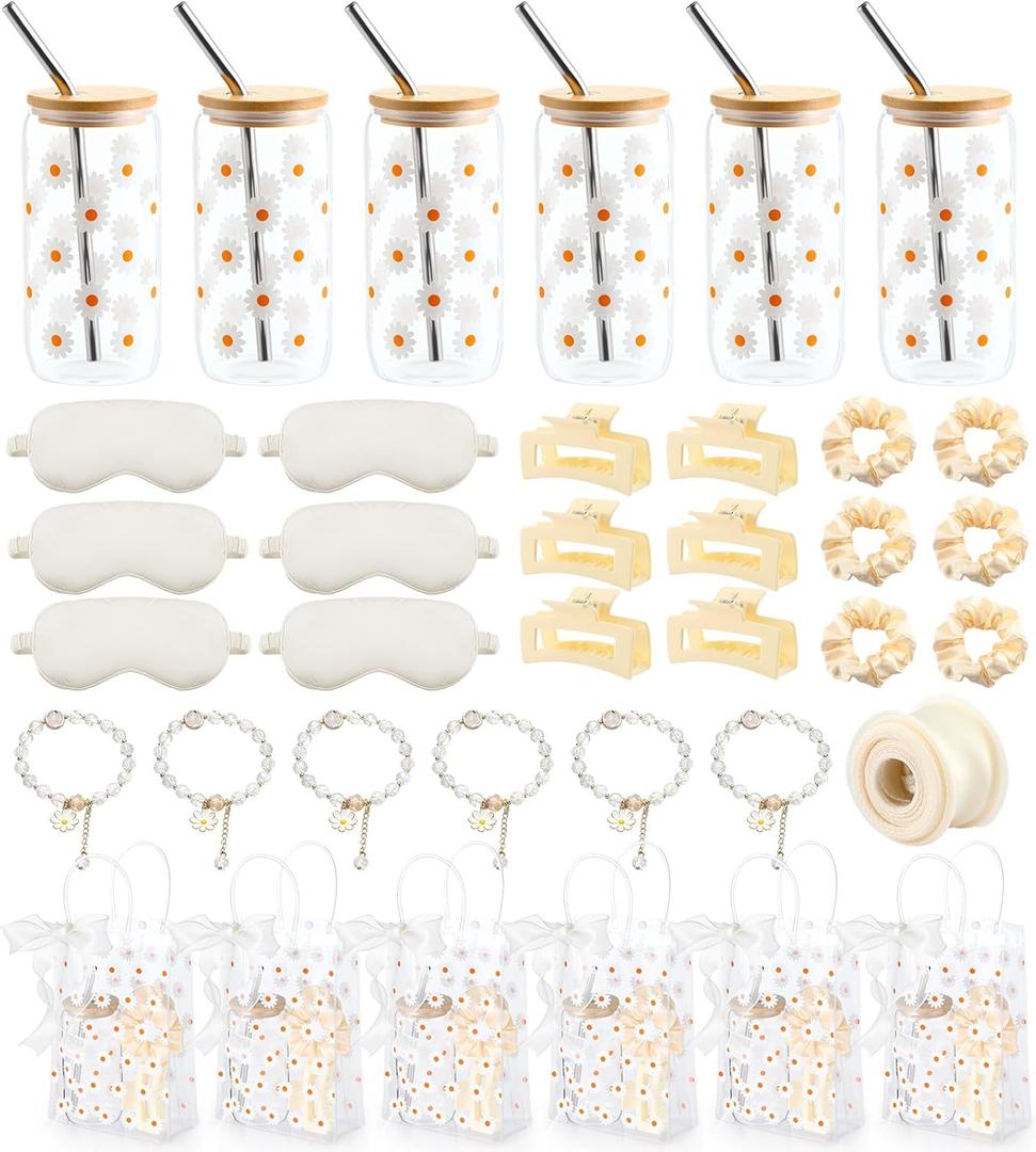 Vesici Spa Party Supplies for Women 4 Set Spa Sleepover Birthday Gift Slumber Party Favors with Glass Cups, Eye Mask, Hair Ties, Hair Clips, Bracelet, Tote Bag, Ribbon (Daisies,White)