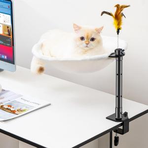 Uross Cat Desk Bed - Adjustable Height & 360 Rotation Cat Desk Perch Mount for Office and Game Tables, Attachment Desktop Bed with 2 Washable Covers, Soft Rabbit Fur& Breathable Mesh -Beige